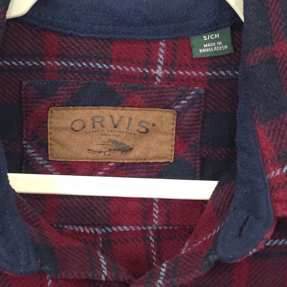 Orvis Men S Red Navy Plaid Flannel Shirt Button Front Soft Warm Casual Outdoors